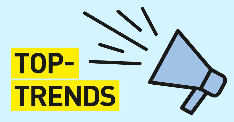 Illustration mit Textfeld „Top-Trends“ und blauem Megafon
